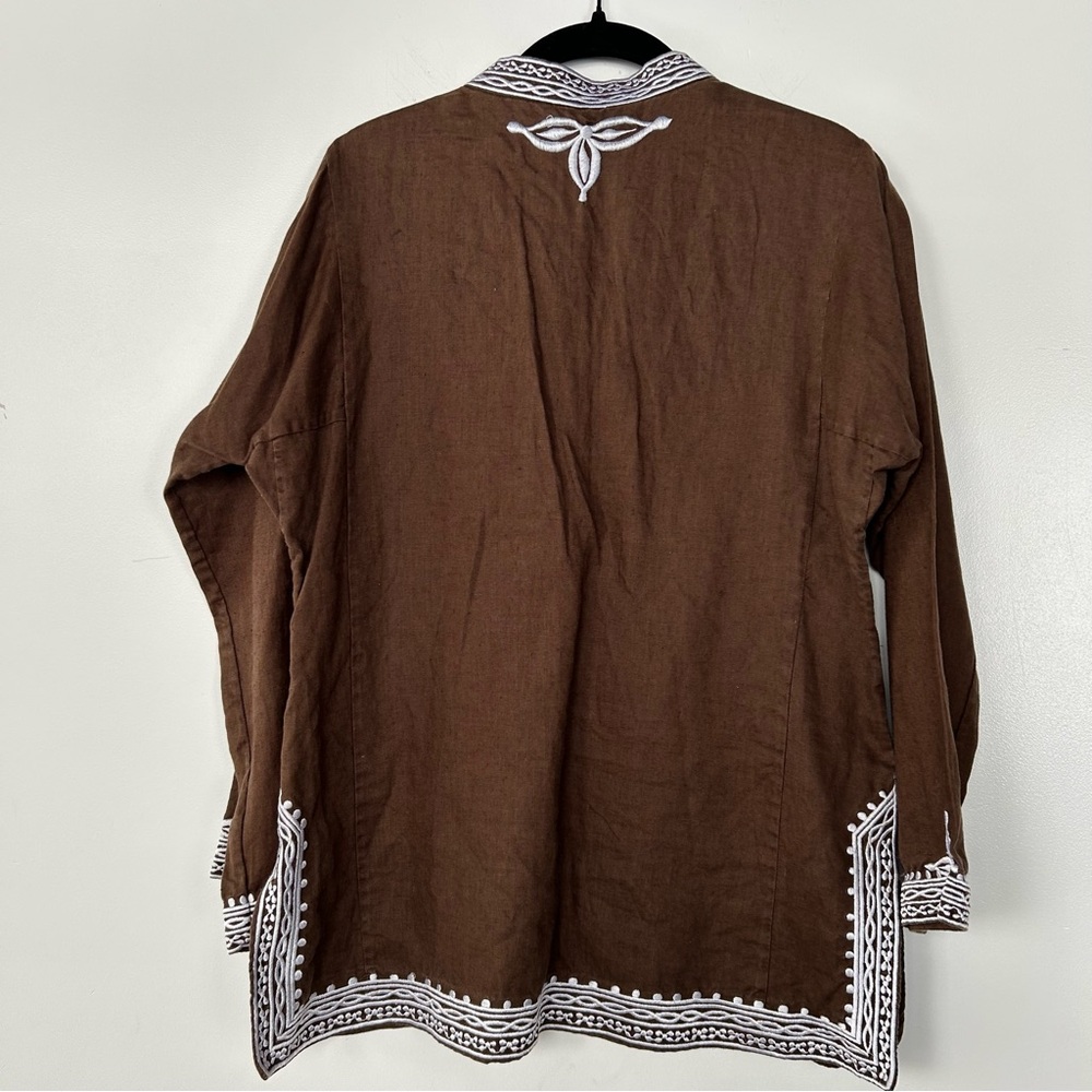Vintage J.Crew 100% Linen Womens Brown Embroidered Boho Tunic Peasant Blouse - Picture 3 of 6